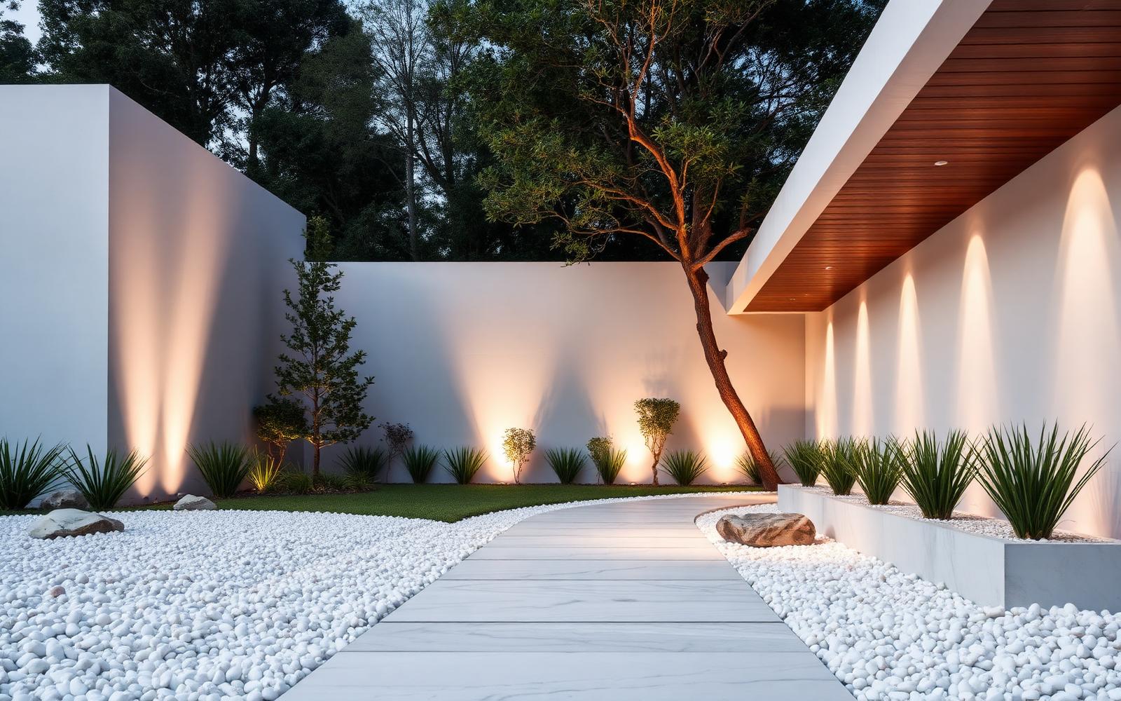 Modern garden featuring white marble pebbles